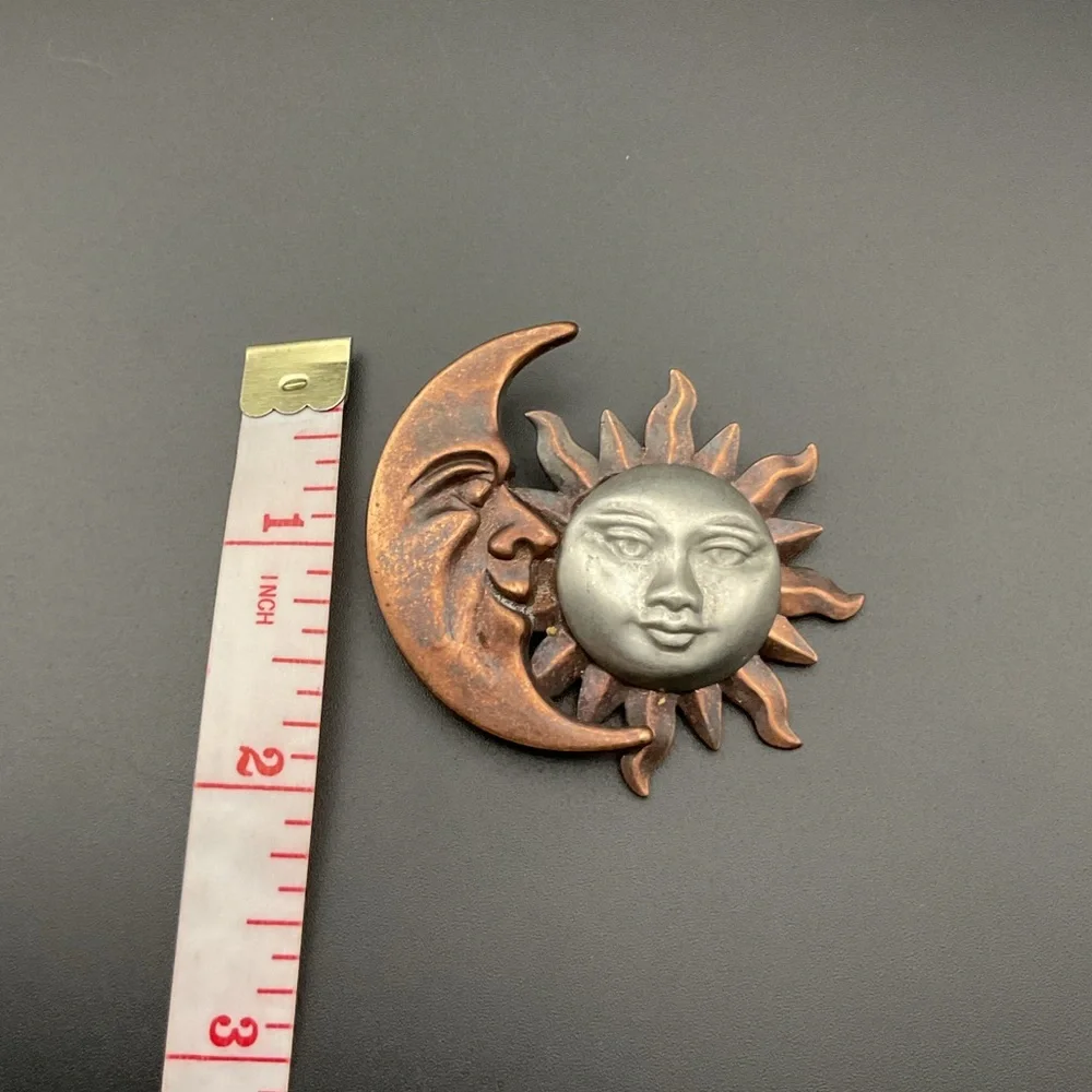 Vintage Crescent Moon and Sun Copper and Pewter Tone Brooch Boho Astrology